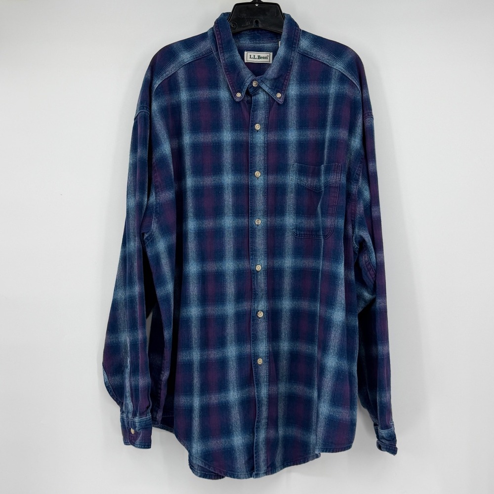 Vintage LL Bean Flannel Shirt Mens XXL USA Made Blue Purple Plaid Cotton 90s